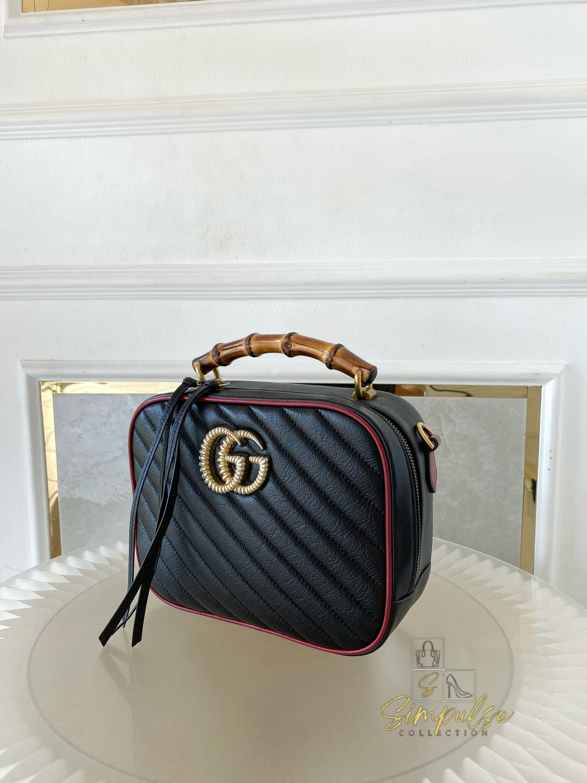 GUCCI Marmont Vintage Effect Matelasse Diagonal Leather Bamboo Top Handle Small