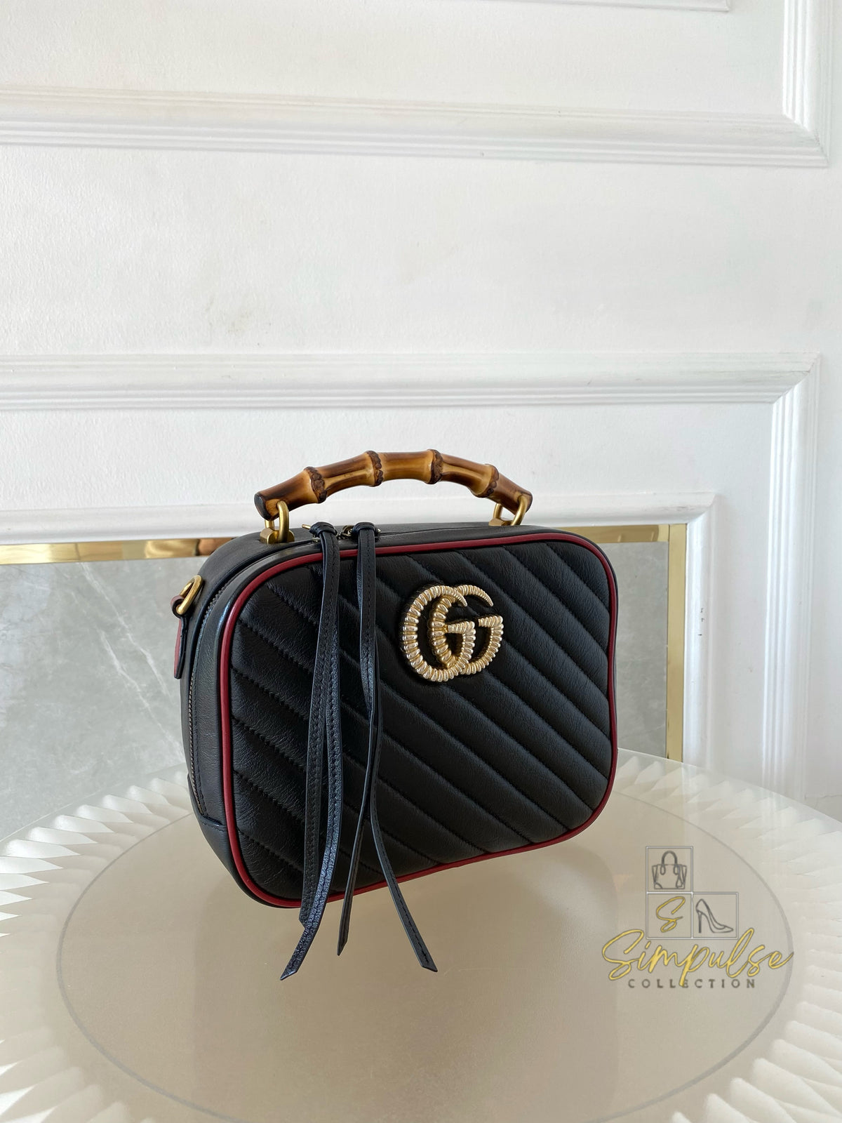 GUCCI Marmont Vintage Effect Matelasse Diagonal Leather Bamboo Top Handle Small