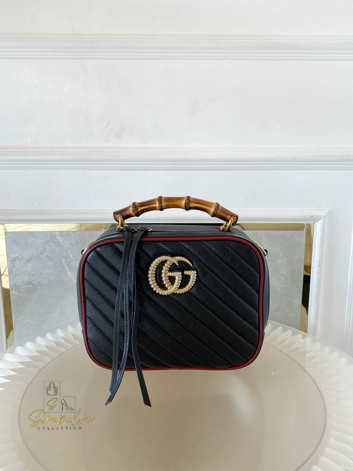 GUCCI Marmont Vintage Effect Matelasse Diagonal Leather Bamboo Top Handle Small