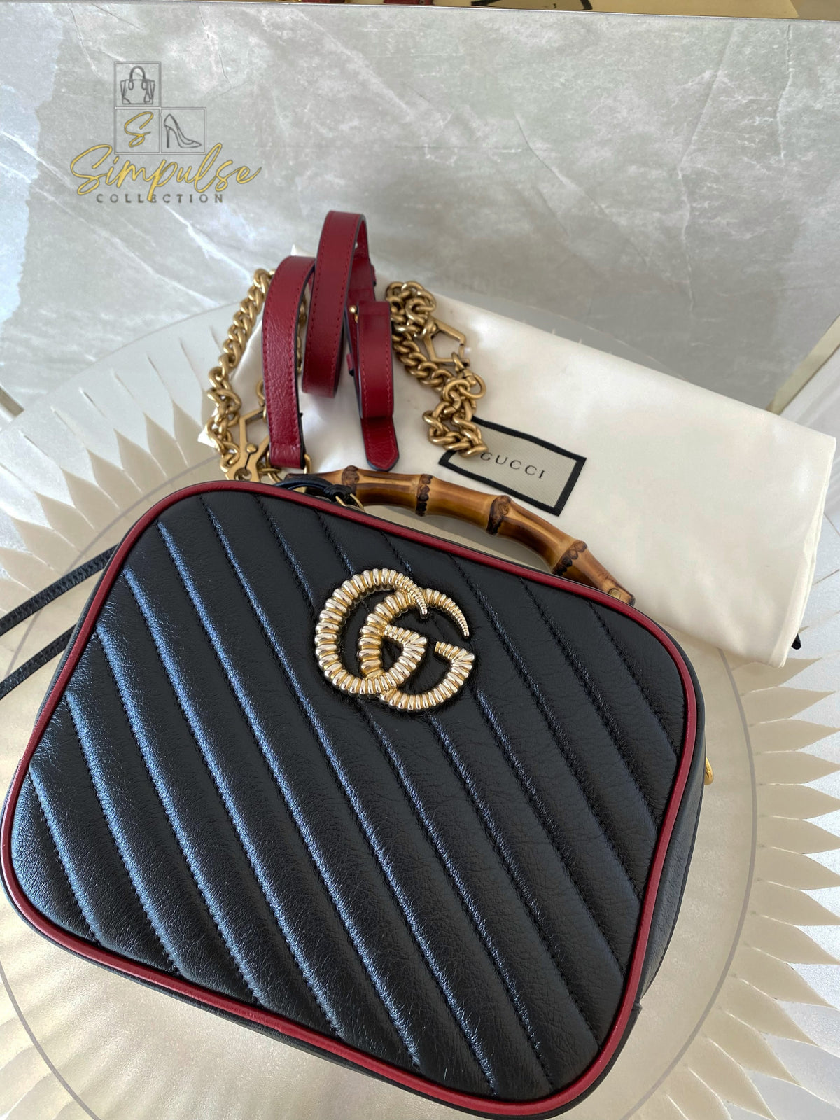 GUCCI Marmont Vintage Effect Matelasse Diagonal Leather Bamboo Top Handle Small