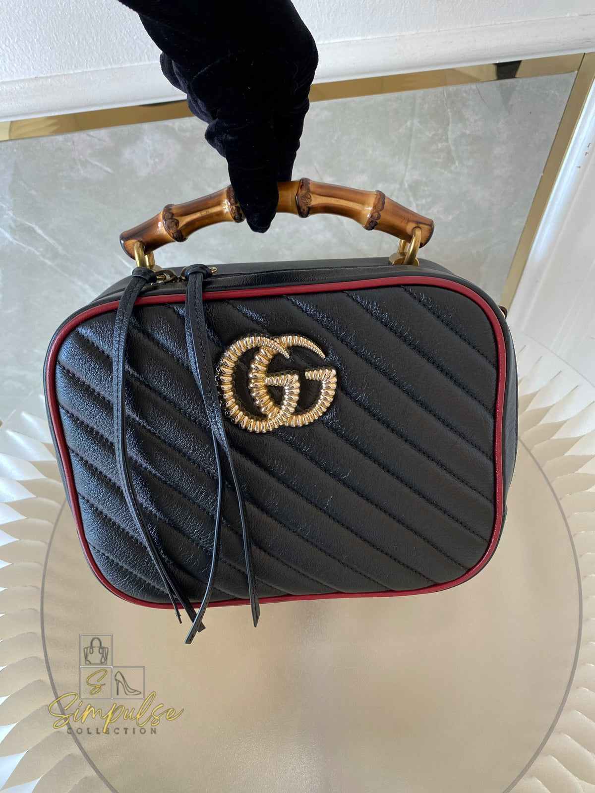 GUCCI Marmont Vintage Effect Matelasse Diagonal Leather Bamboo Top Handle Small