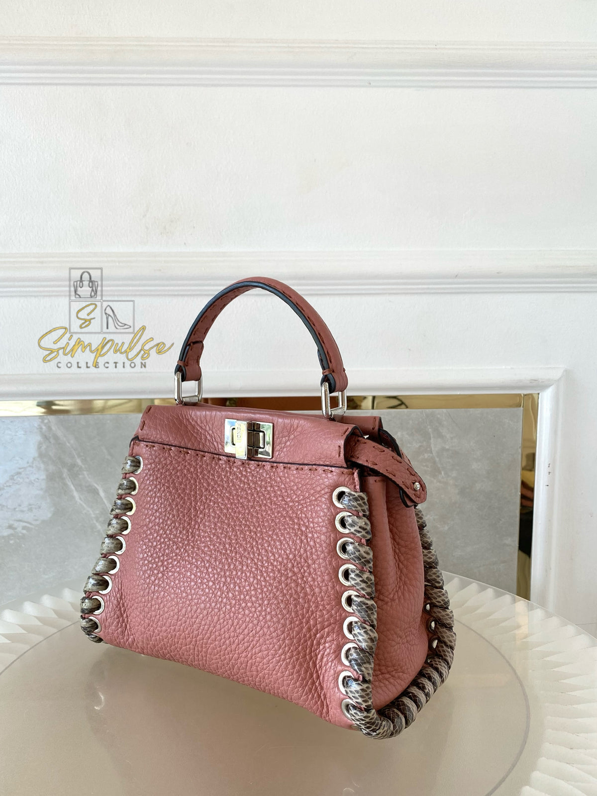 FENDI OLD ROSE & PYTHON LEATHER MINI WHIPSTITCH TOP HANDLE BAG