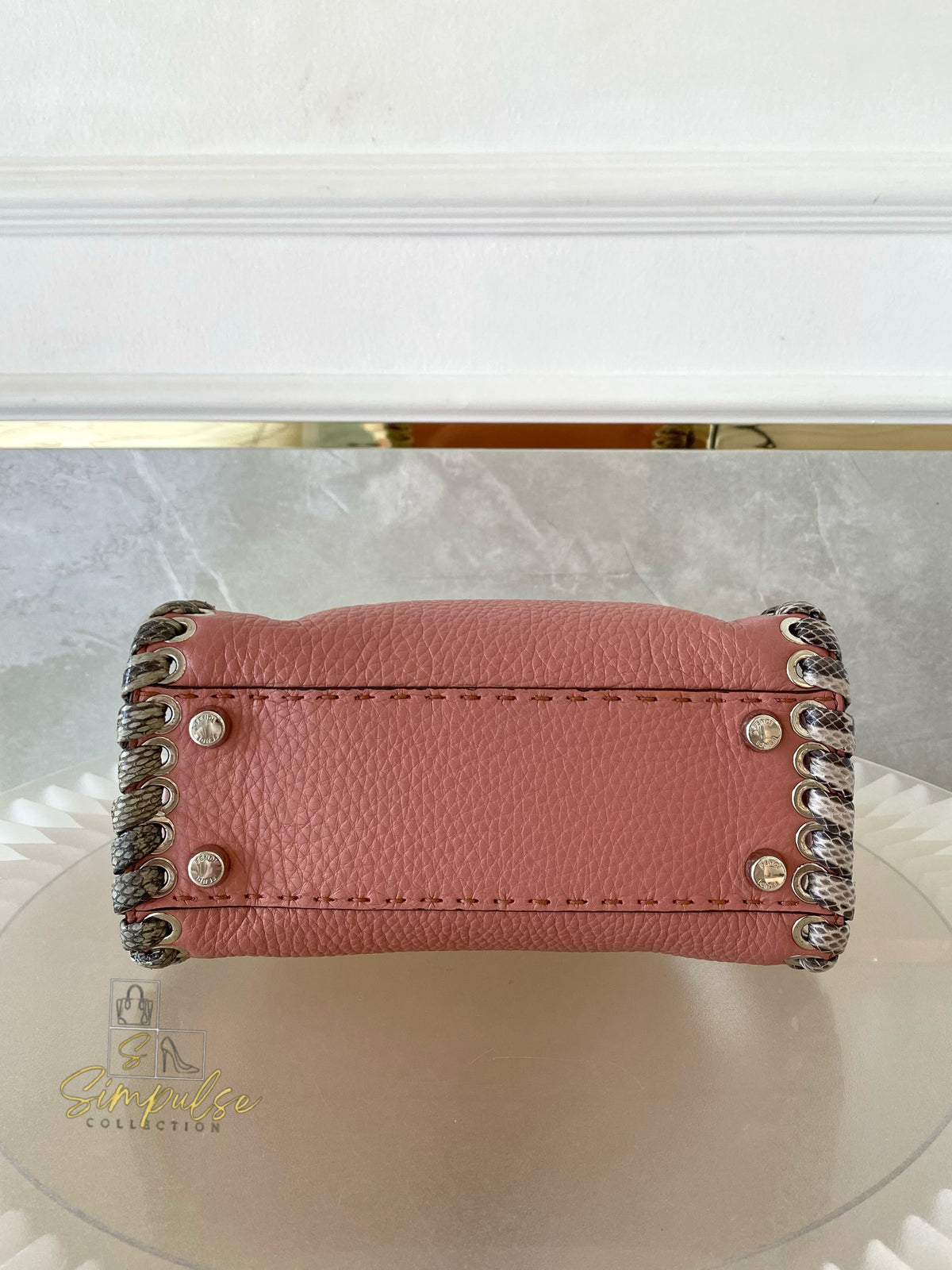 FENDI OLD ROSE & PYTHON LEATHER MINI WHIPSTITCH TOP HANDLE BAG