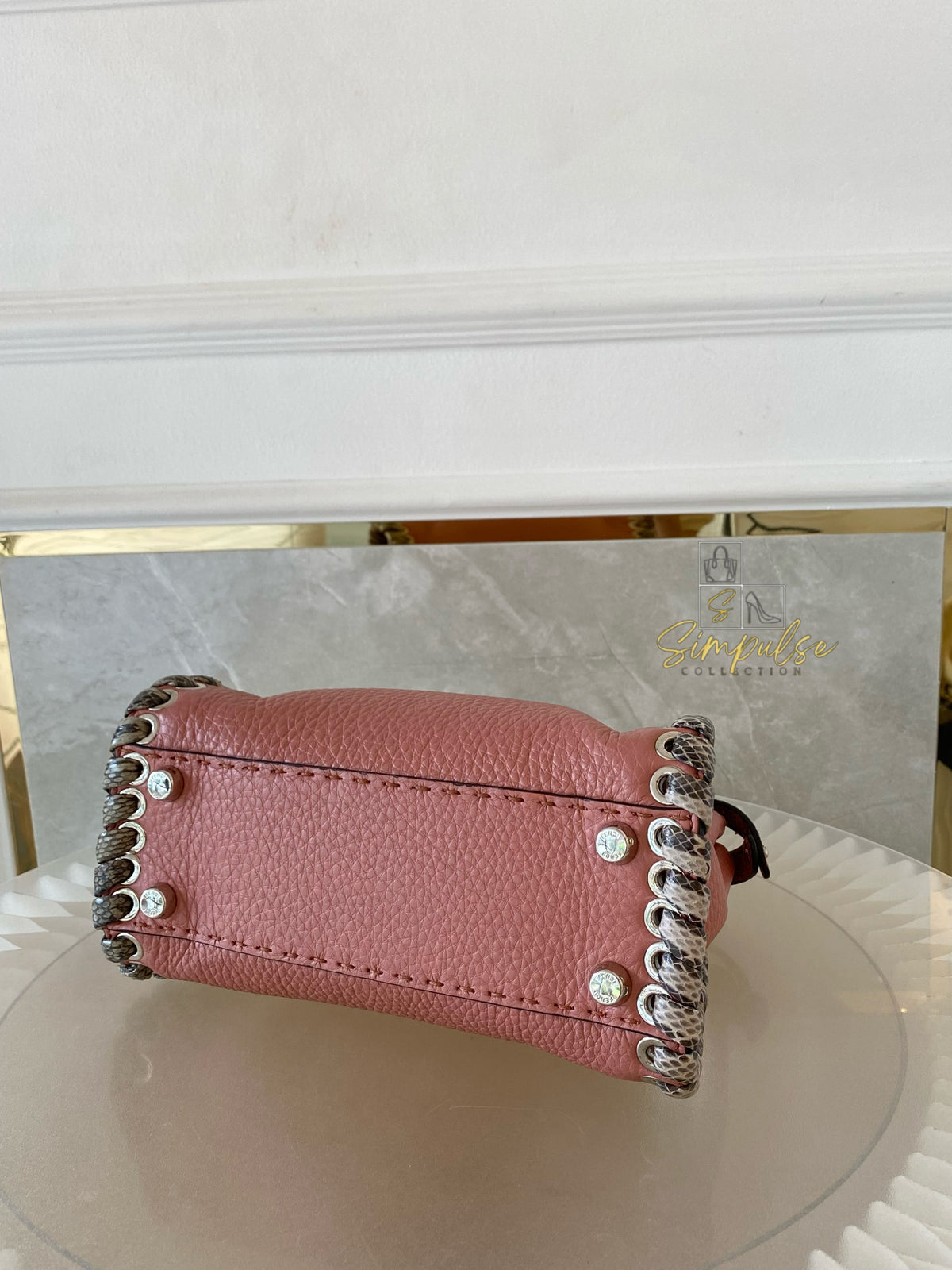 FENDI OLD ROSE & PYTHON LEATHER MINI WHIPSTITCH TOP HANDLE BAG