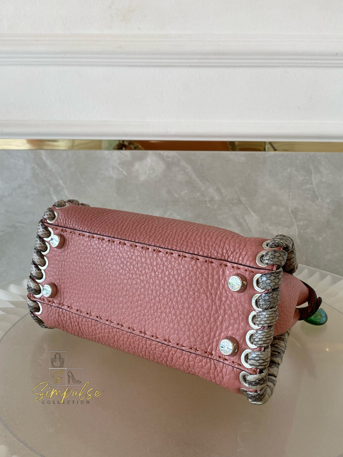FENDI OLD ROSE & PYTHON LEATHER MINI WHIPSTITCH TOP HANDLE BAG