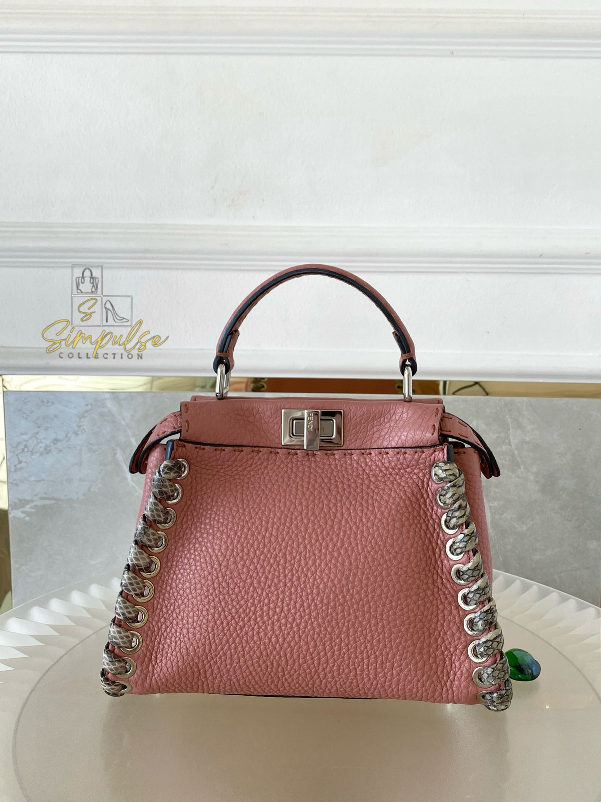 FENDI OLD ROSE & PYTHON LEATHER MINI WHIPSTITCH TOP HANDLE BAG