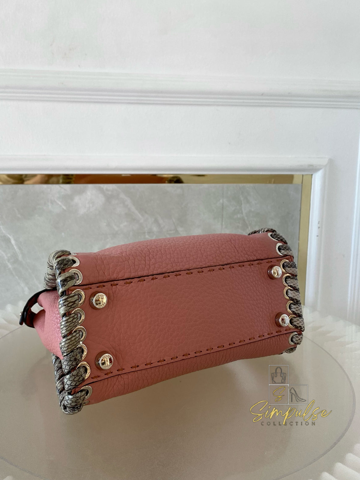 FENDI OLD ROSE & PYTHON LEATHER MINI WHIPSTITCH TOP HANDLE BAG