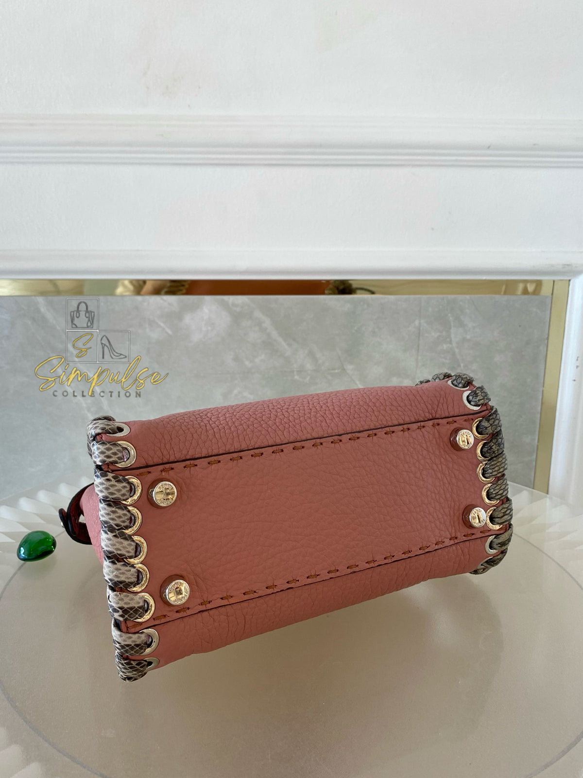 FENDI OLD ROSE & PYTHON LEATHER MINI WHIPSTITCH TOP HANDLE BAG