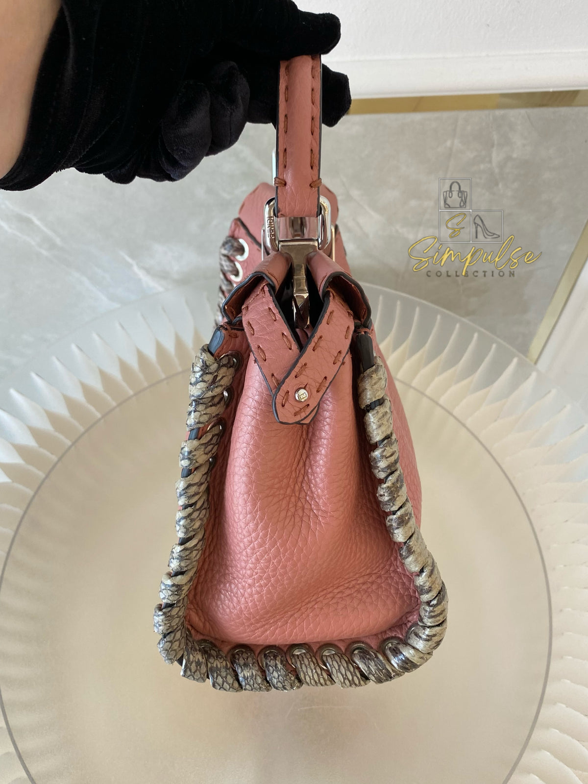 FENDI OLD ROSE & PYTHON LEATHER MINI WHIPSTITCH TOP HANDLE BAG