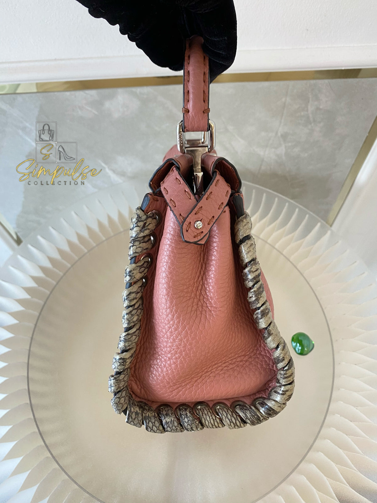 FENDI OLD ROSE & PYTHON LEATHER MINI WHIPSTITCH TOP HANDLE BAG
