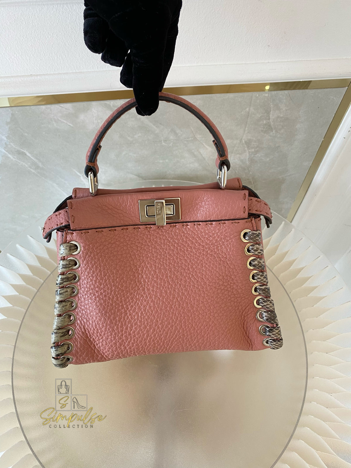 FENDI OLD ROSE & PYTHON LEATHER MINI WHIPSTITCH TOP HANDLE BAG