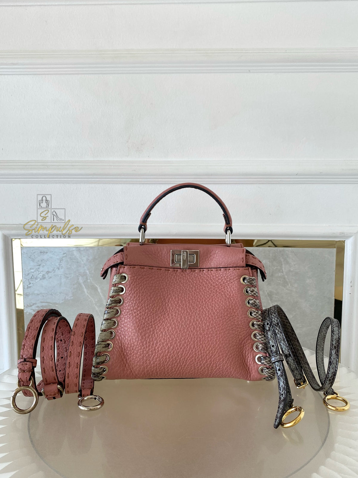 FENDI OLD ROSE & PYTHON LEATHER MINI WHIPSTITCH TOP HANDLE BAG