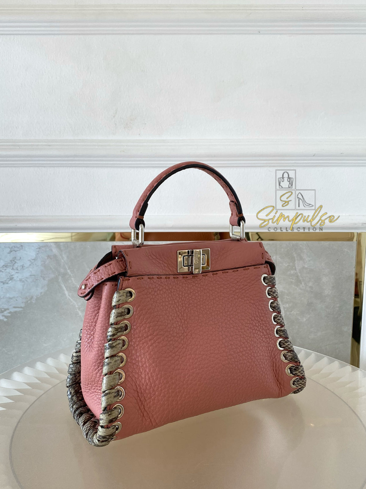 FENDI OLD ROSE & PYTHON LEATHER MINI WHIPSTITCH TOP HANDLE BAG