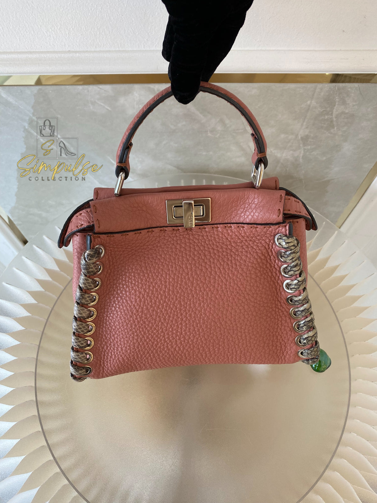 FENDI OLD ROSE & PYTHON LEATHER MINI WHIPSTITCH TOP HANDLE BAG