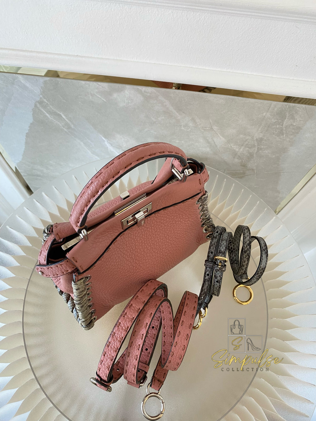 FENDI OLD ROSE & PYTHON LEATHER MINI WHIPSTITCH TOP HANDLE BAG