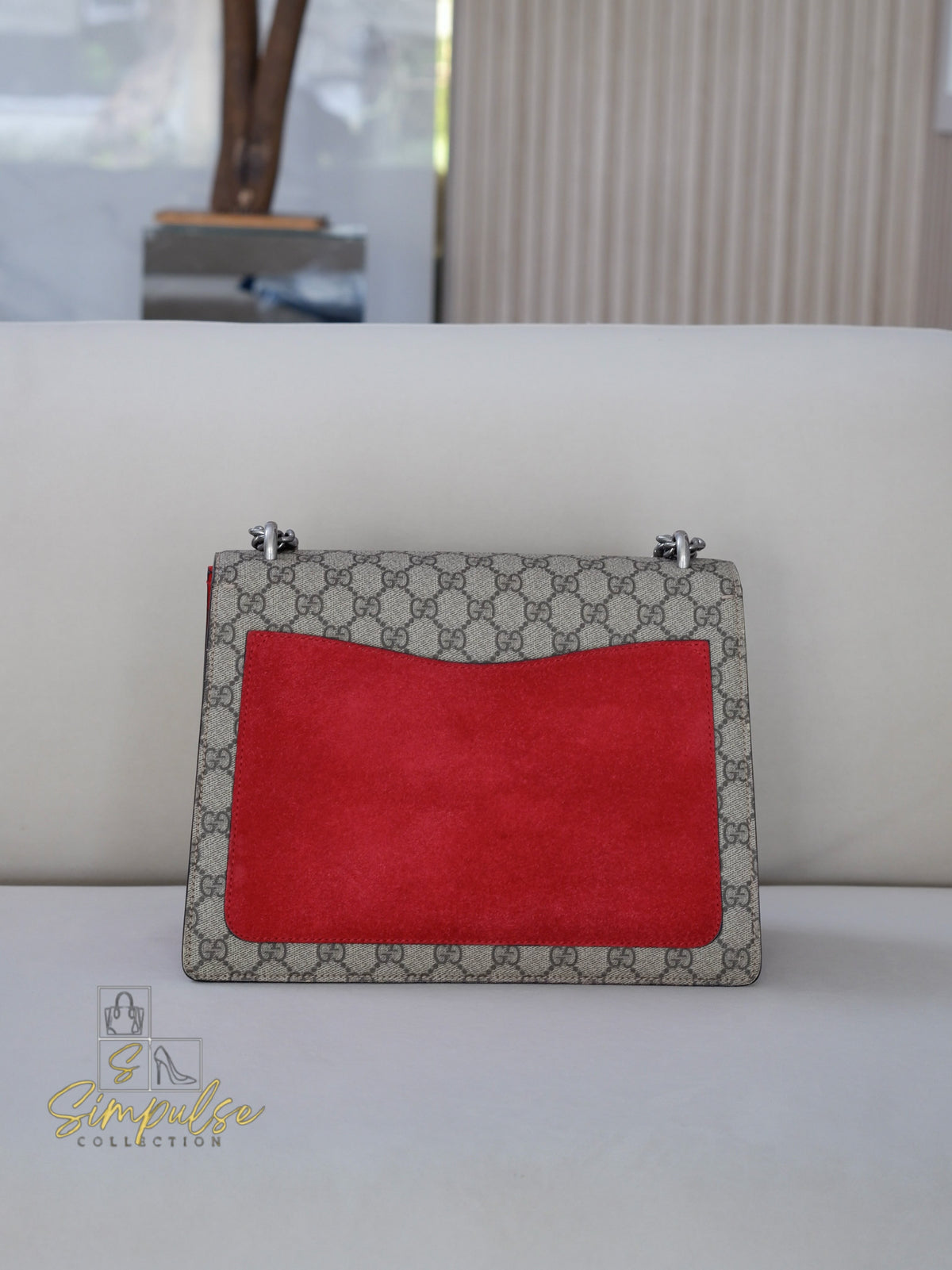 GUCCI MEDIUM SUPREME MONOGRAM DIONYSUS w/RED SUEDE TRIM SHW