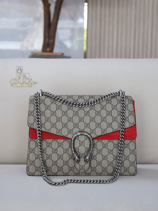 GUCCI MEDIUM SUPREME MONOGRAM DIONYSUS w/RED SUEDE TRIM SHW