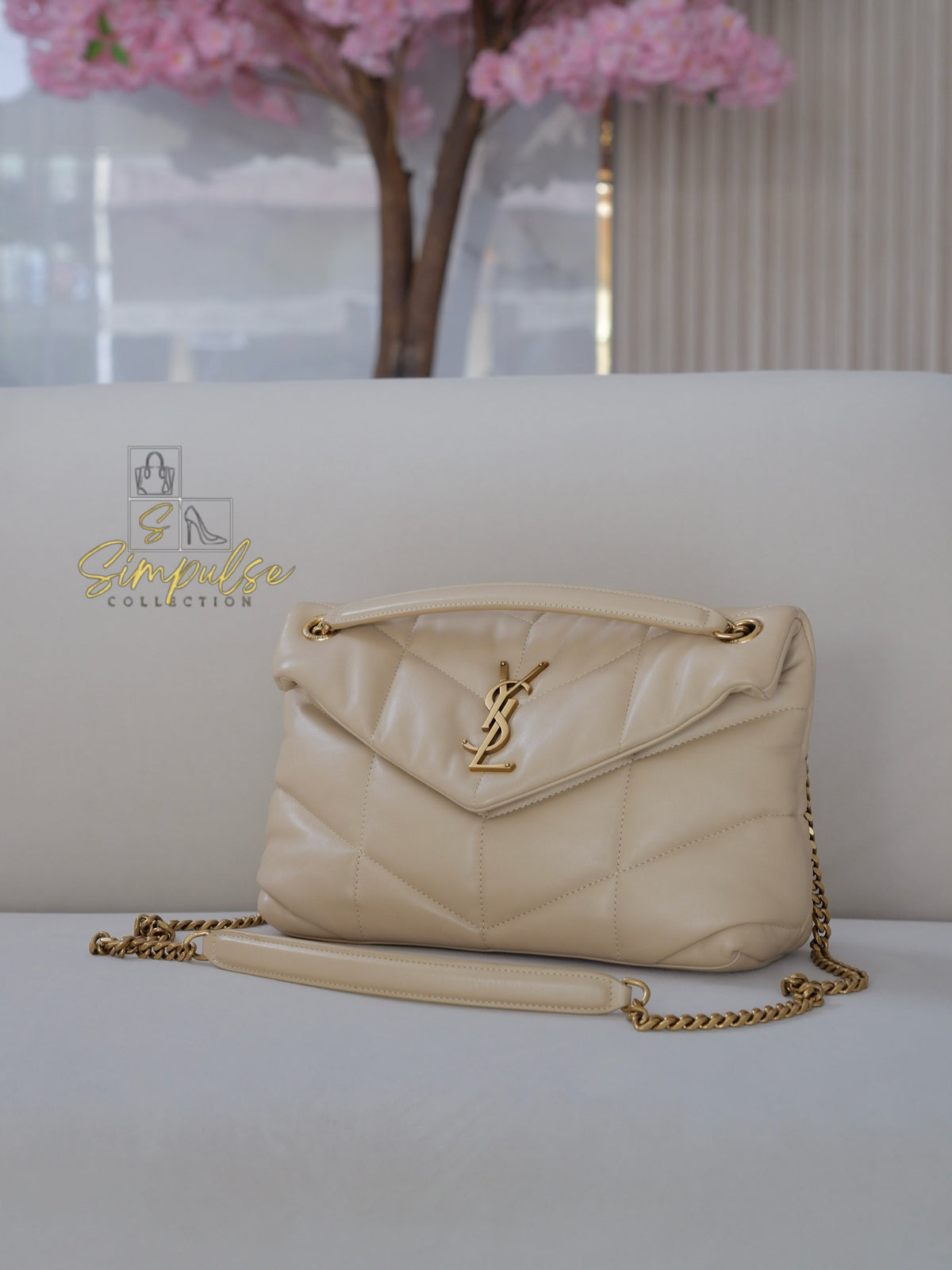 YVES SAINT LAURENT LOULOU PUFFER LAMBSKIN BEIGE GHW