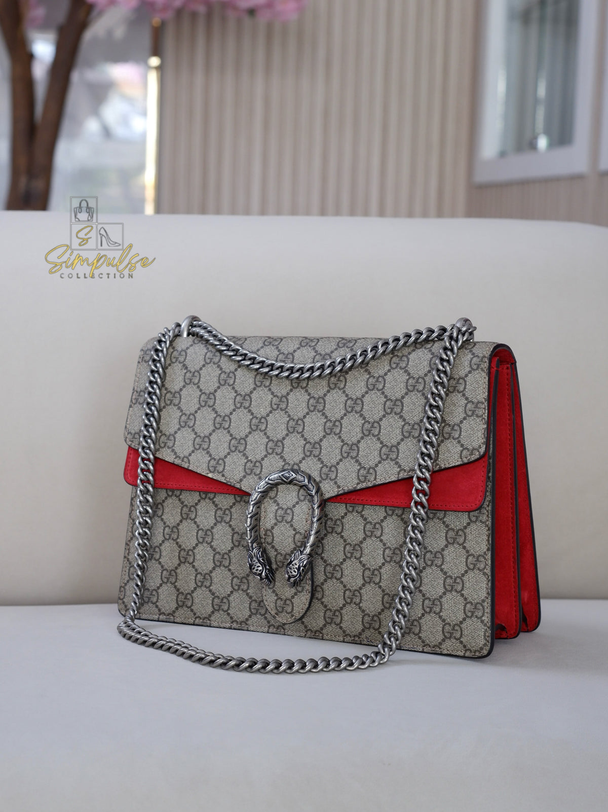 GUCCI MEDIUM SUPREME MONOGRAM DIONYSUS w/RED SUEDE TRIM SHW