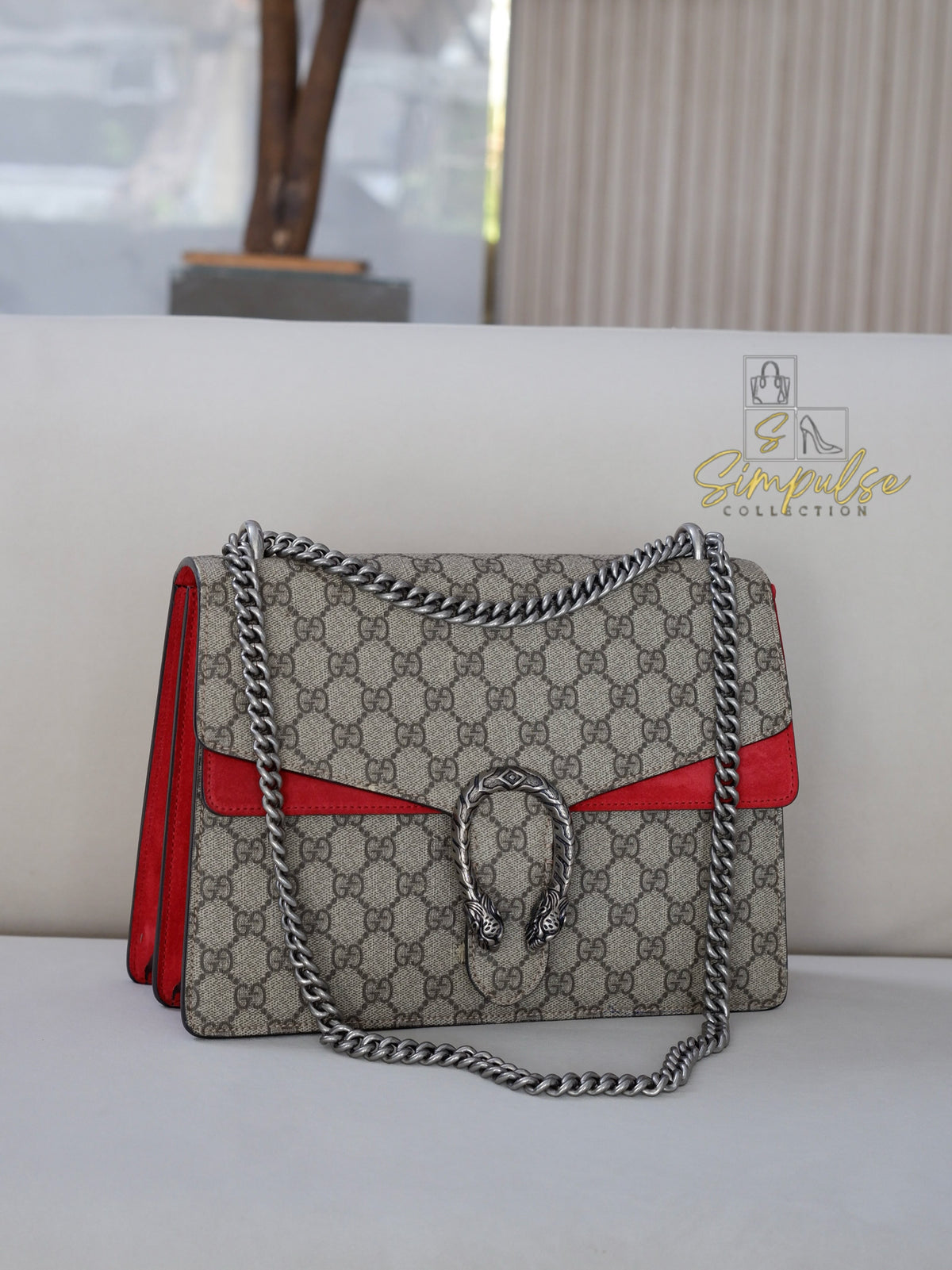 GUCCI MEDIUM SUPREME MONOGRAM DIONYSUS w/RED SUEDE TRIM SHW