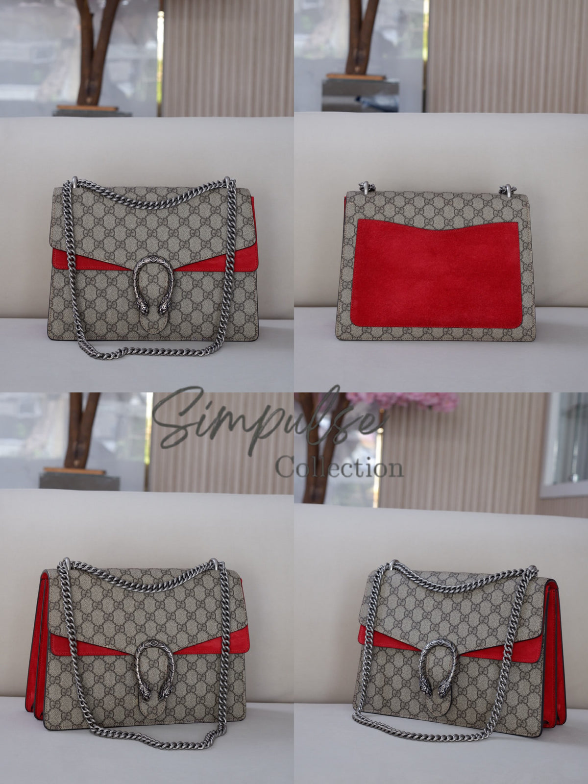GUCCI MEDIUM SUPREME MONOGRAM DIONYSUS w/RED SUEDE TRIM SHW