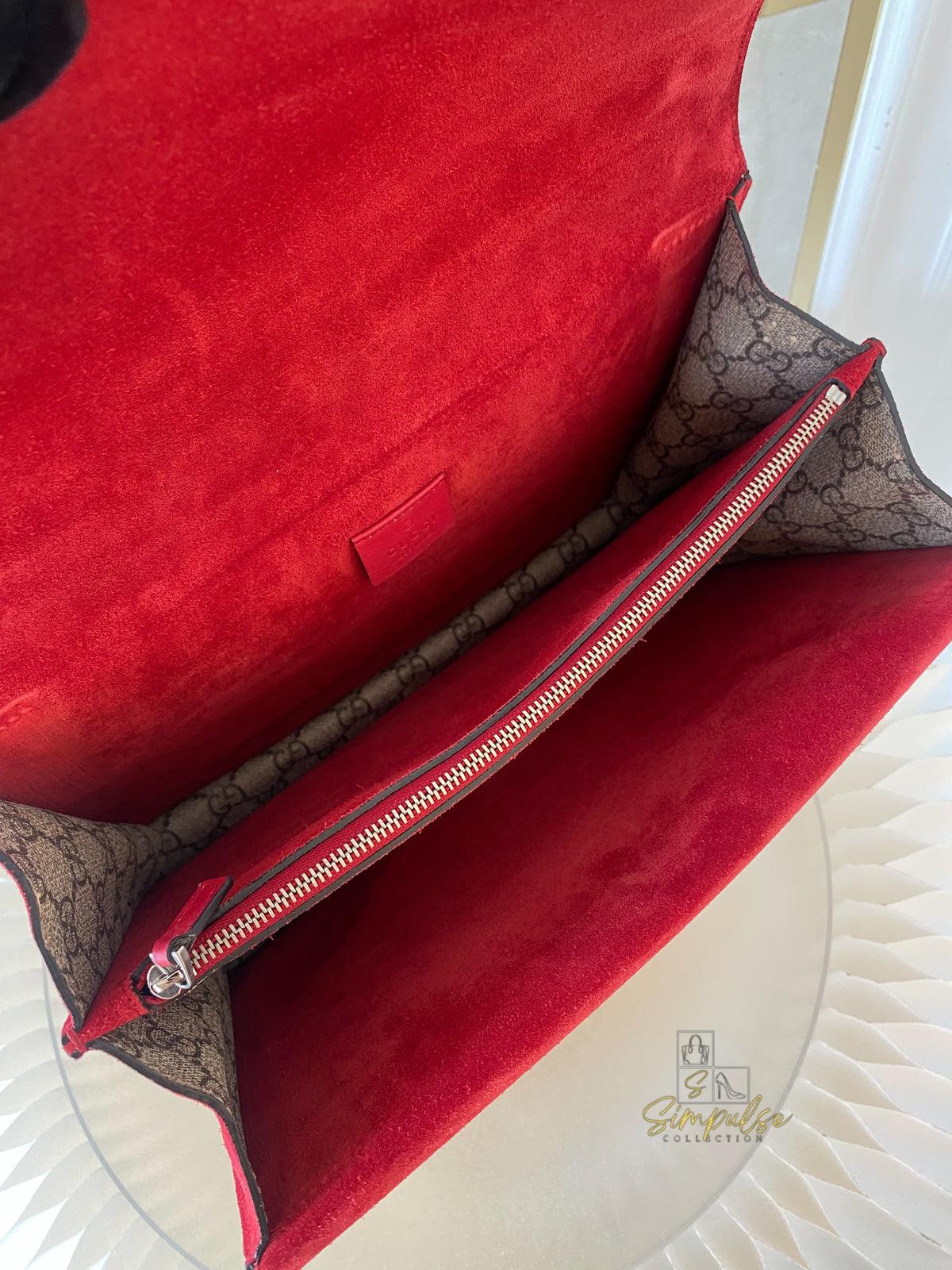 GUCCI MEDIUM SUPREME MONOGRAM DIONYSUS w/RED SUEDE TRIM SHW