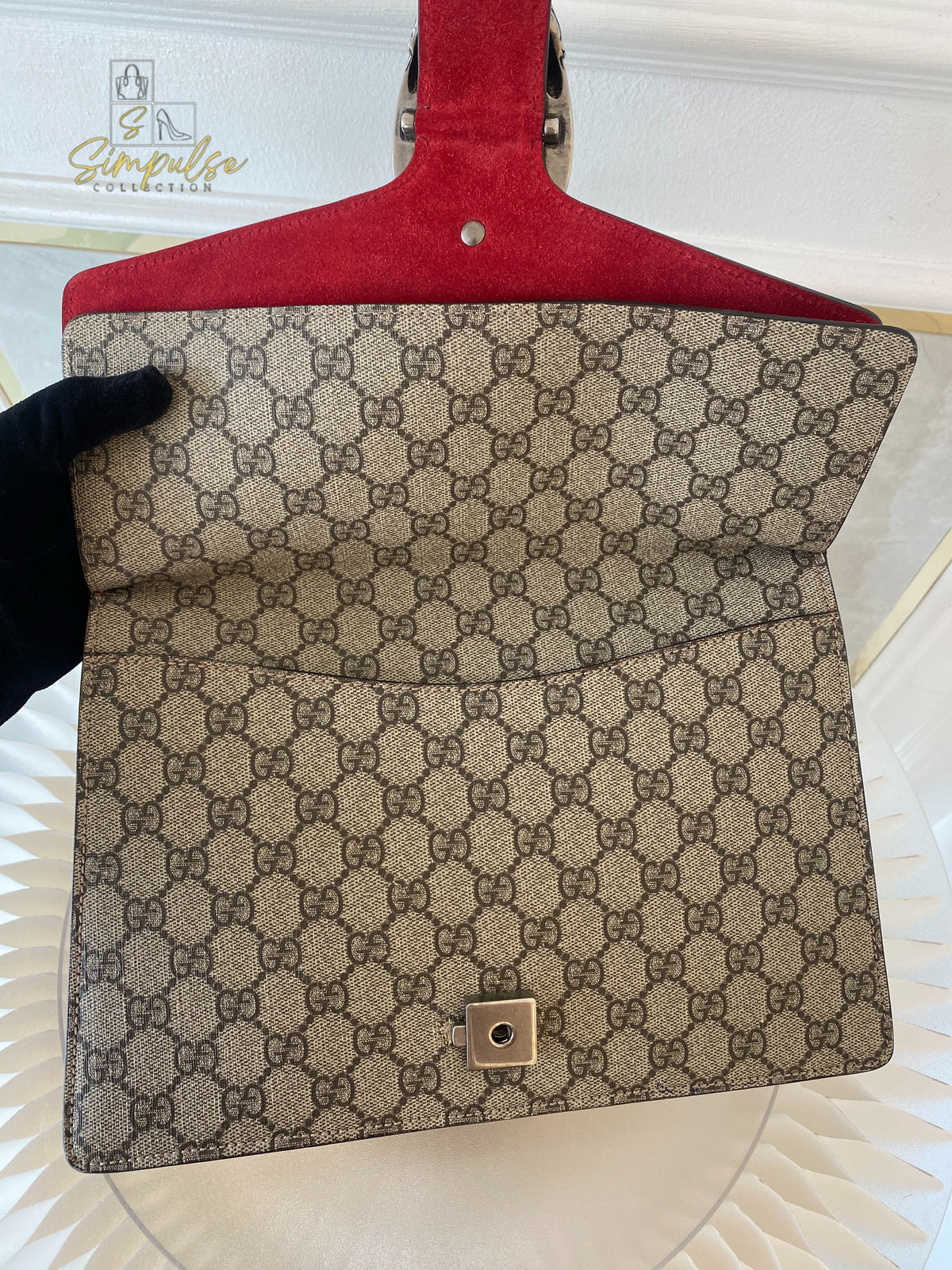 GUCCI MEDIUM SUPREME MONOGRAM DIONYSUS w/RED SUEDE TRIM SHW