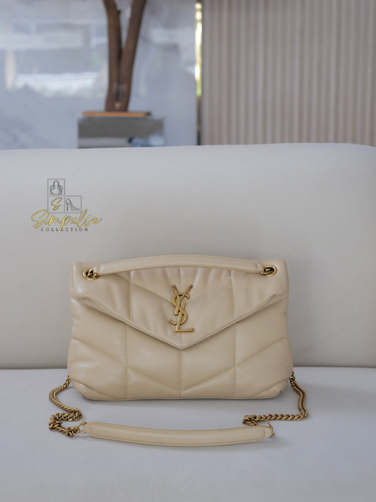 YVES SAINT LAURENT LOULOU PUFFER LAMBSKIN BEIGE GHW
