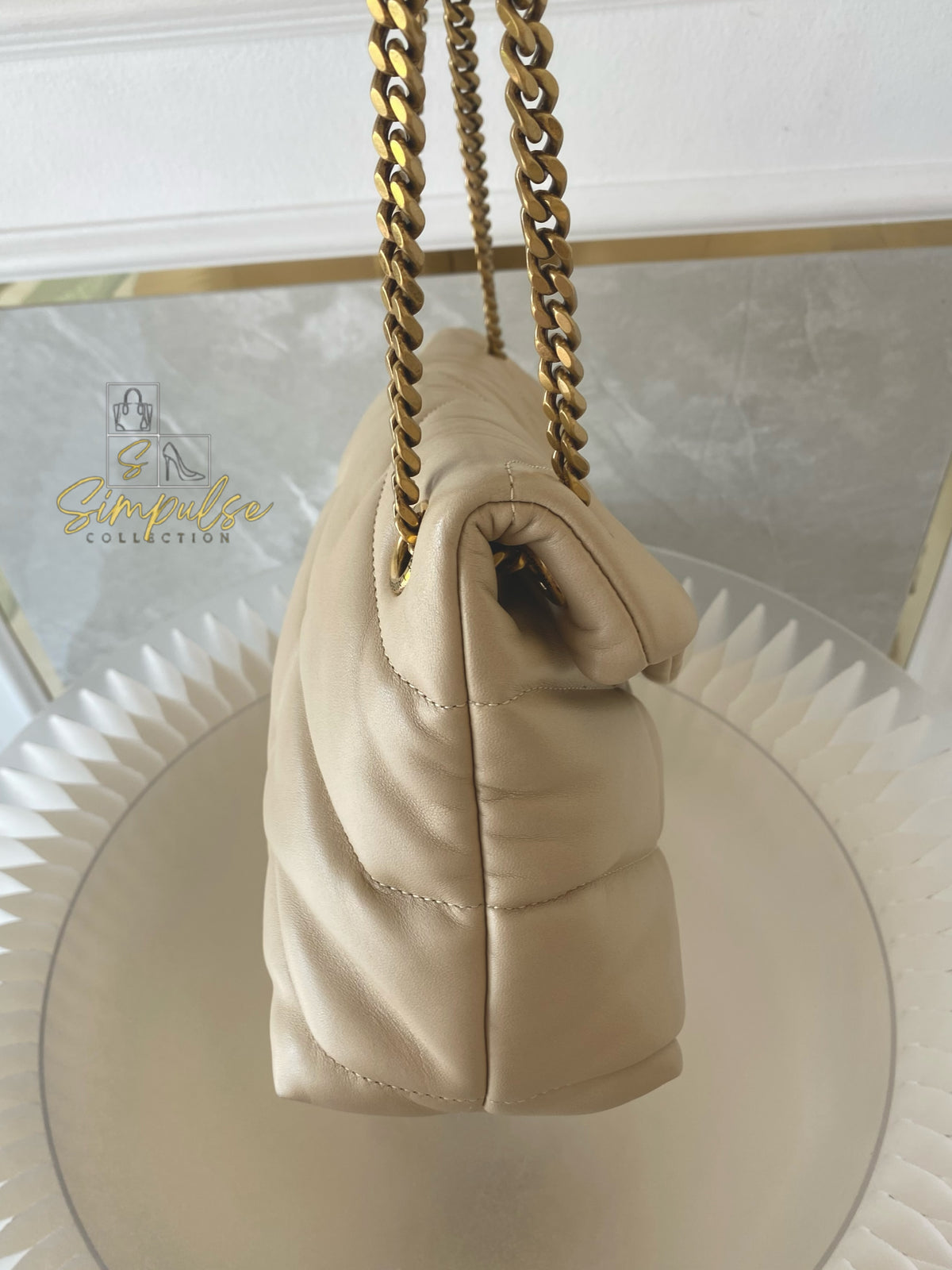 YVES SAINT LAURENT LOULOU PUFFER LAMBSKIN BEIGE GHW