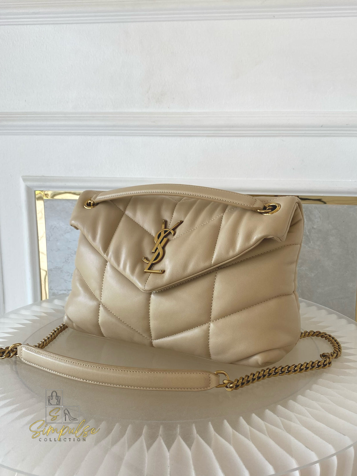 YVES SAINT LAURENT LOULOU PUFFER LAMBSKIN BEIGE GHW