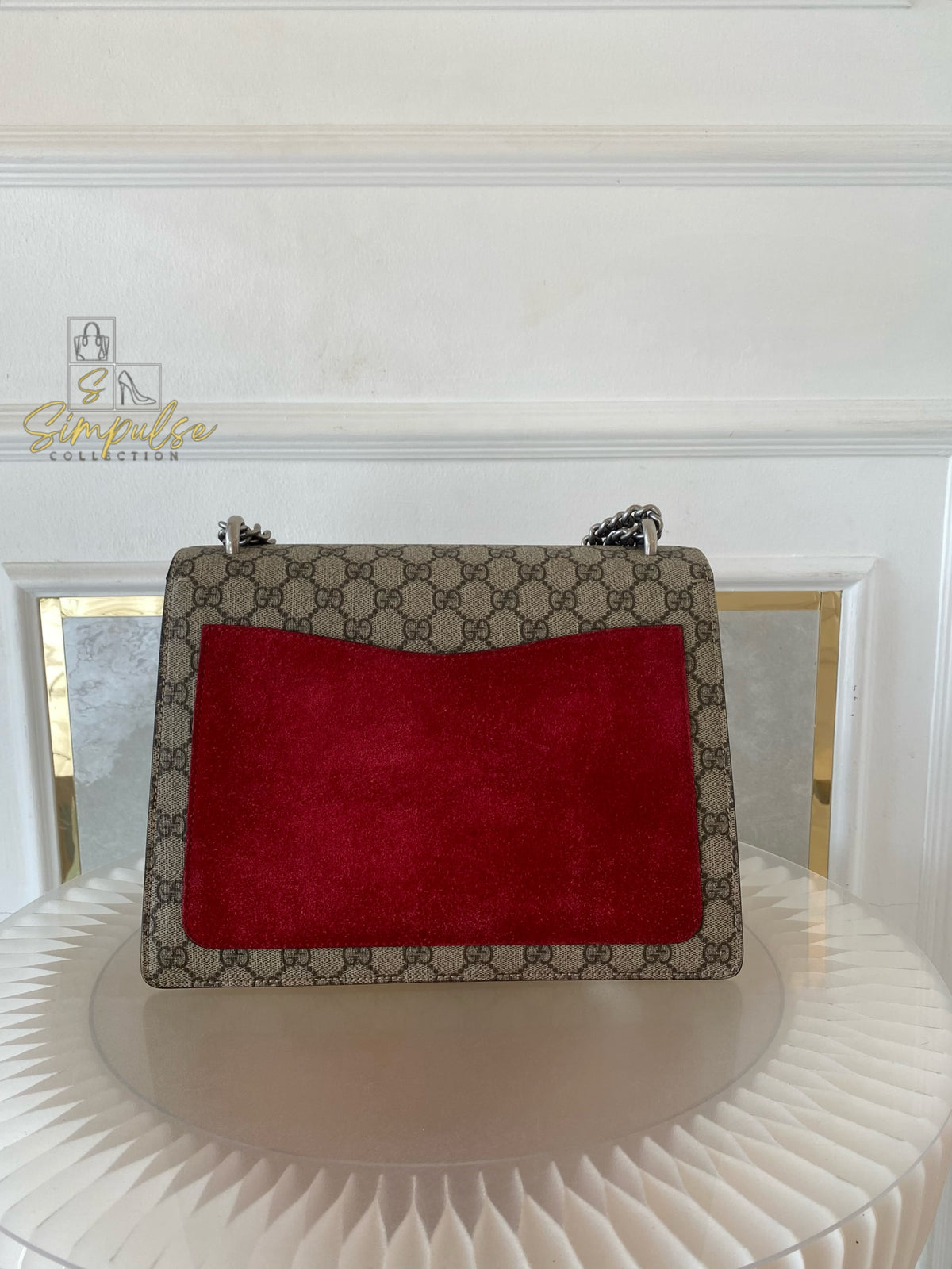 GUCCI MEDIUM SUPREME MONOGRAM DIONYSUS w/RED SUEDE TRIM SHW