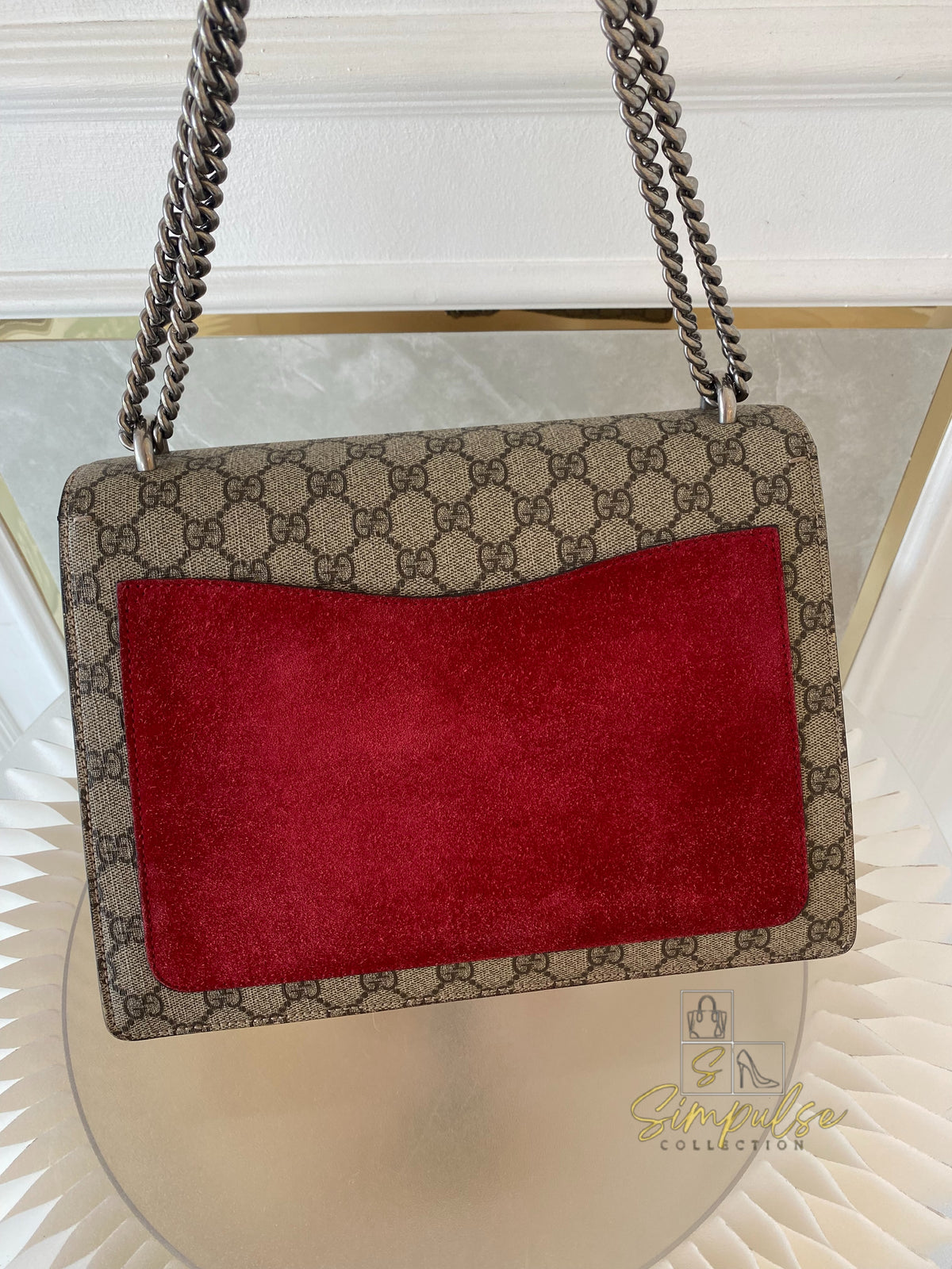 GUCCI MEDIUM SUPREME MONOGRAM DIONYSUS w/RED SUEDE TRIM SHW