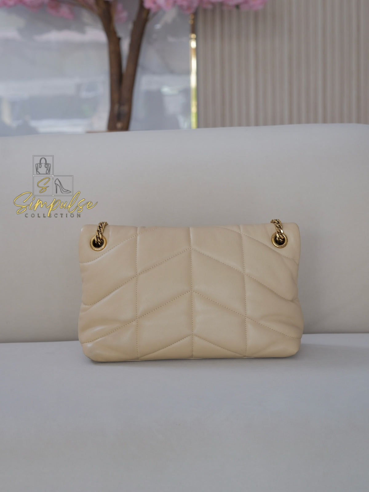 YVES SAINT LAURENT LOULOU PUFFER LAMBSKIN BEIGE GHW