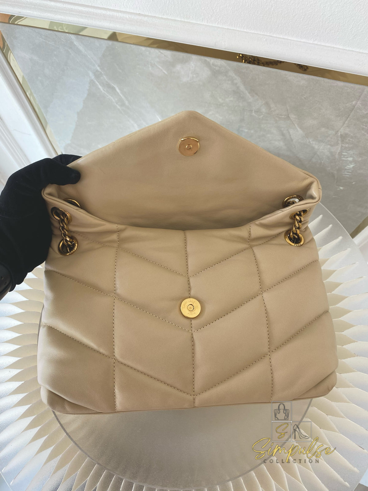 YVES SAINT LAURENT LOULOU PUFFER LAMBSKIN BEIGE GHW