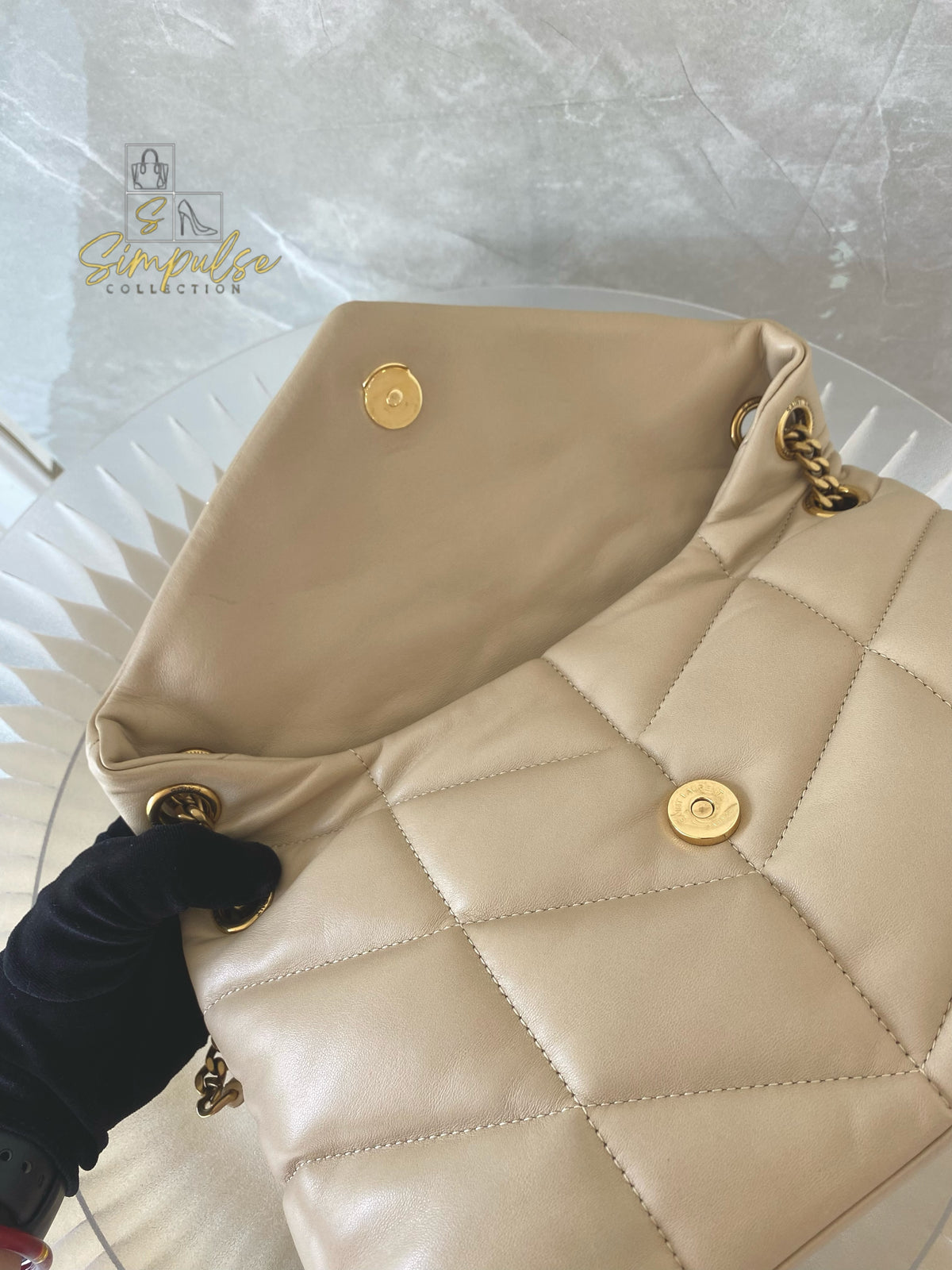 YVES SAINT LAURENT LOULOU PUFFER LAMBSKIN BEIGE GHW