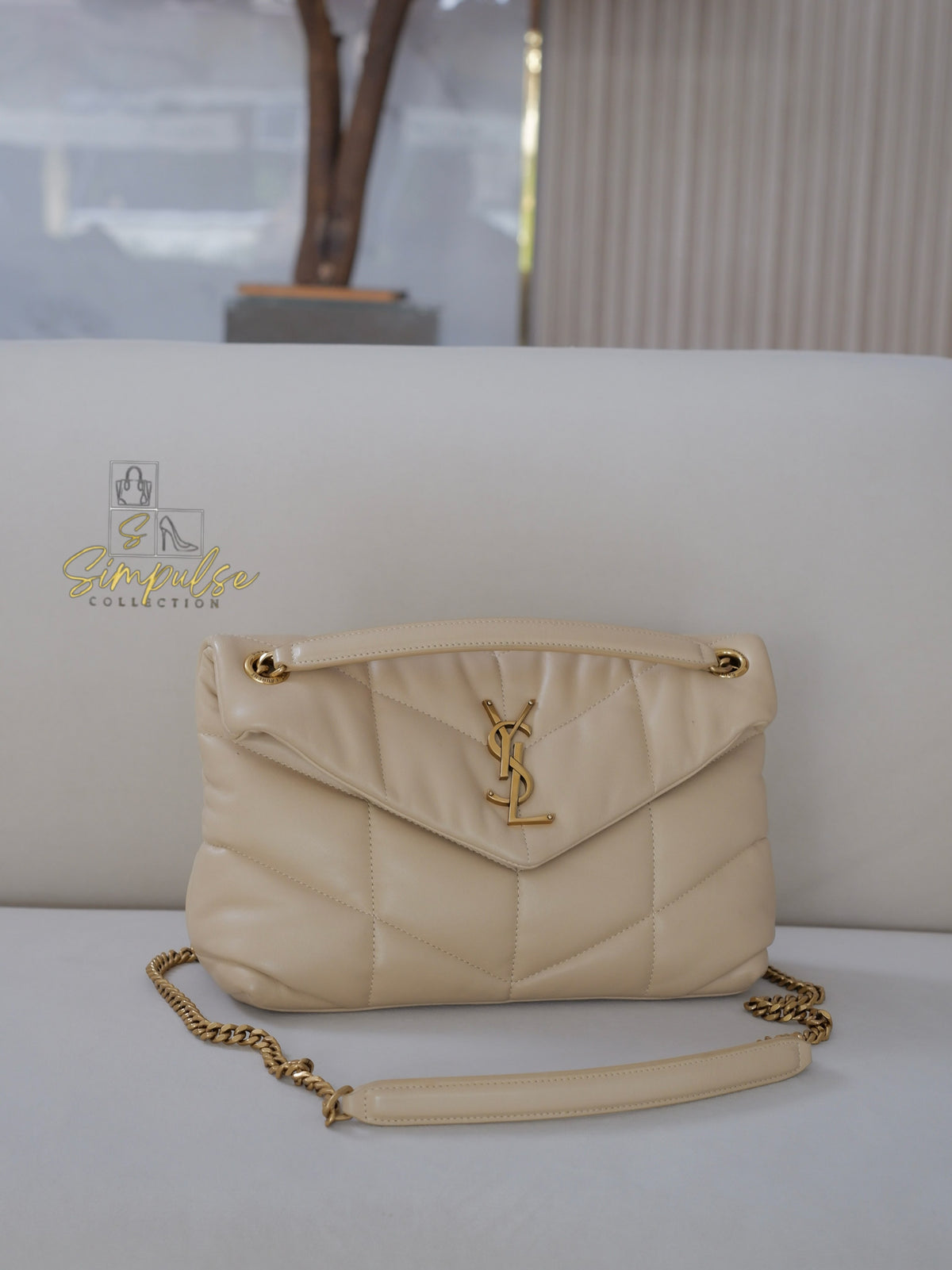 YVES SAINT LAURENT LOULOU PUFFER LAMBSKIN BEIGE GHW