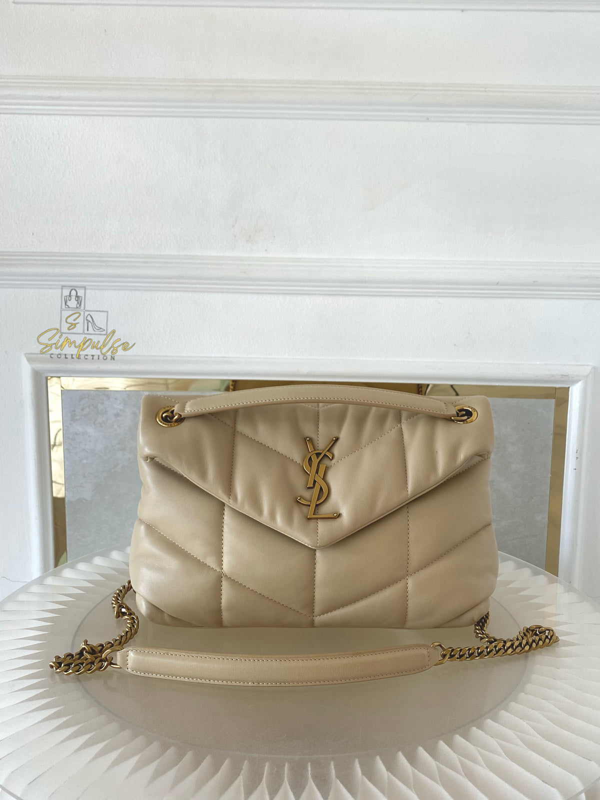 YVES SAINT LAURENT LOULOU PUFFER LAMBSKIN BEIGE GHW