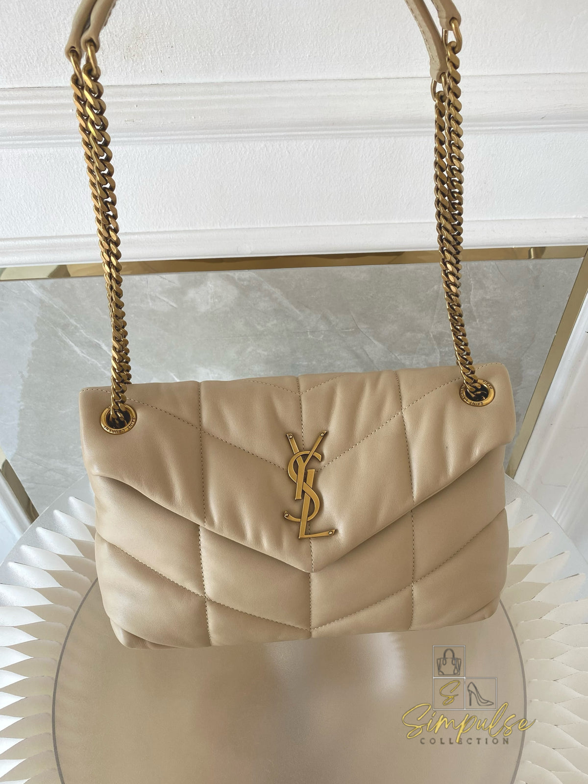 YVES SAINT LAURENT LOULOU PUFFER LAMBSKIN BEIGE GHW
