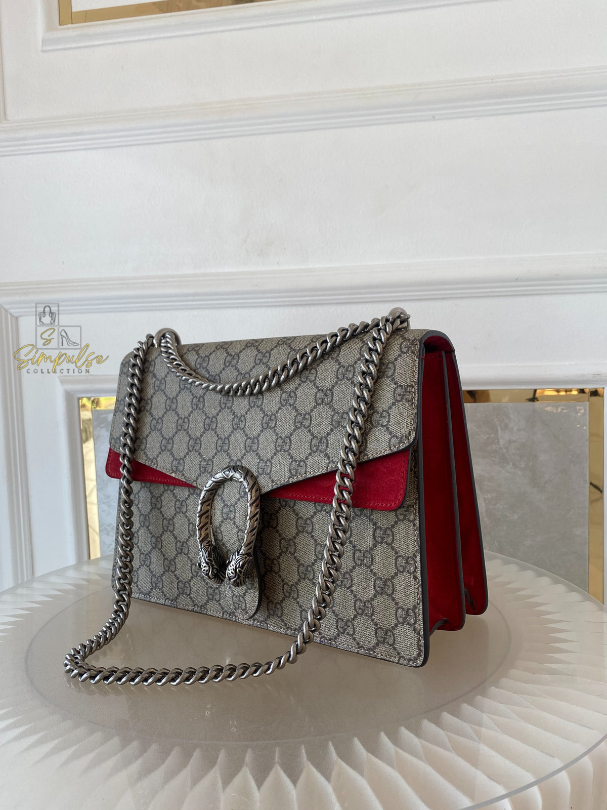 GUCCI MEDIUM SUPREME MONOGRAM DIONYSUS w/RED SUEDE TRIM SHW