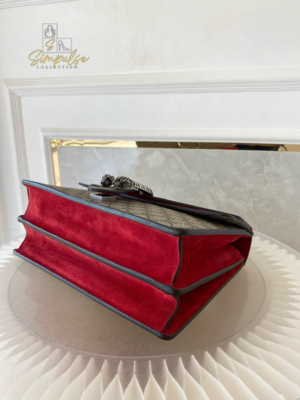 GUCCI MEDIUM SUPREME MONOGRAM DIONYSUS w/RED SUEDE TRIM SHW