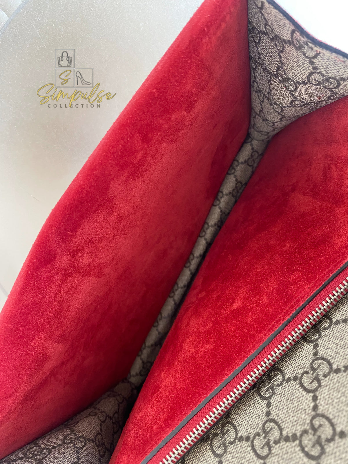 GUCCI MEDIUM SUPREME MONOGRAM DIONYSUS w/RED SUEDE TRIM SHW
