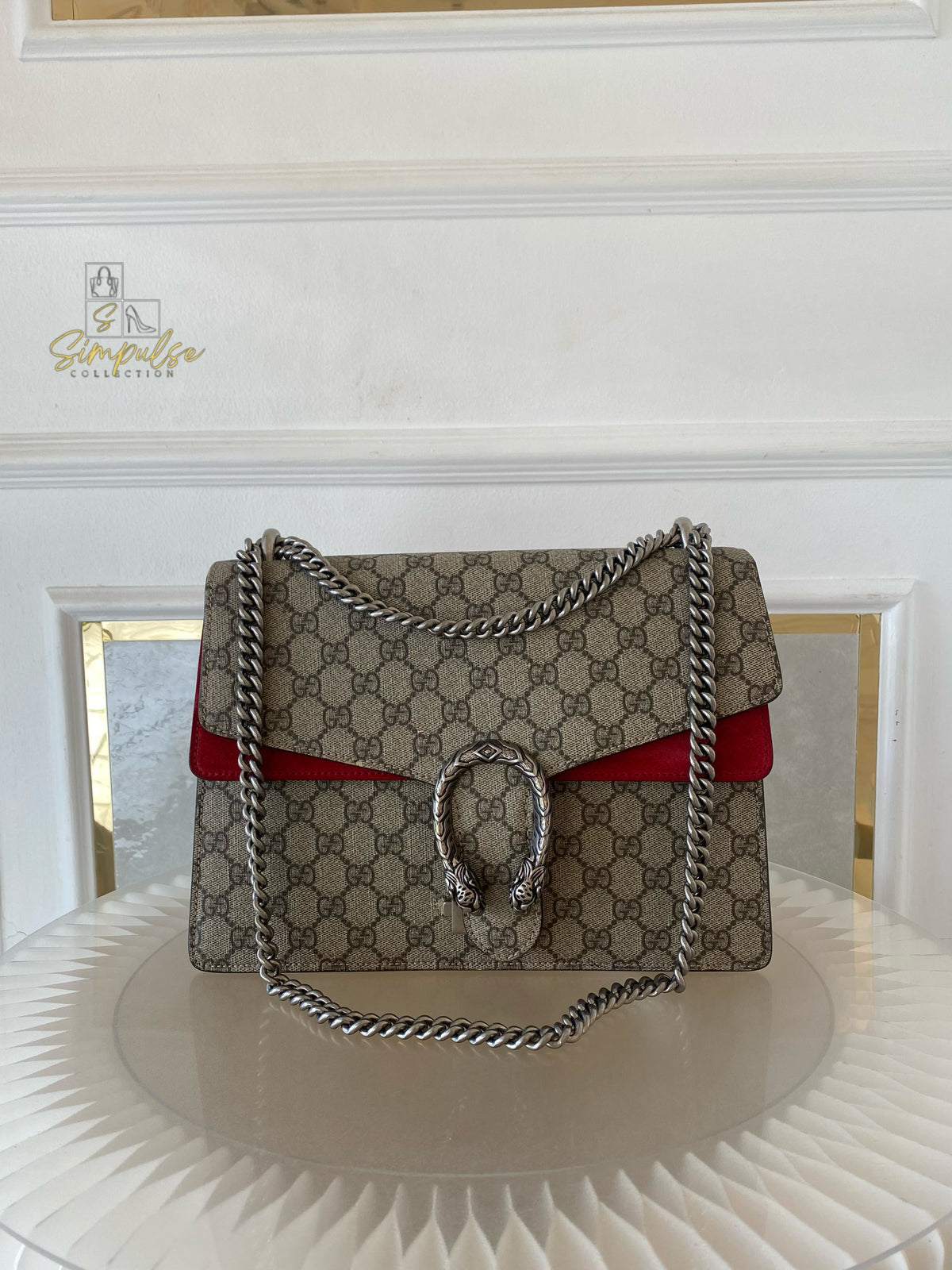 GUCCI MEDIUM SUPREME MONOGRAM DIONYSUS w/RED SUEDE TRIM SHW