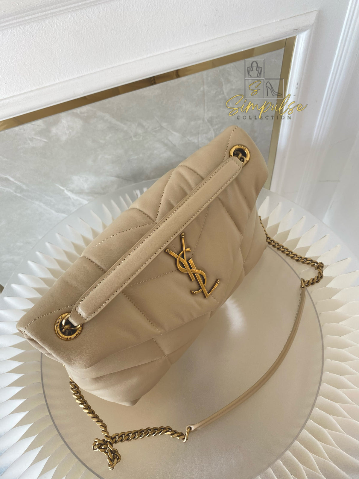 YVES SAINT LAURENT LOULOU PUFFER LAMBSKIN BEIGE GHW
