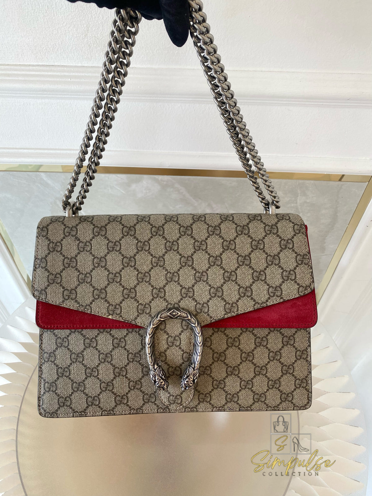 GUCCI MEDIUM SUPREME MONOGRAM DIONYSUS w/RED SUEDE TRIM SHW