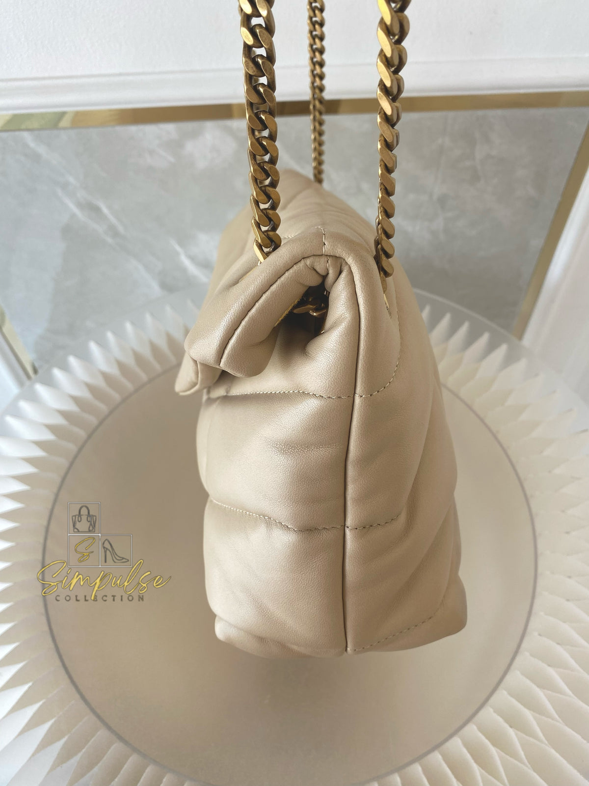 YVES SAINT LAURENT LOULOU PUFFER LAMBSKIN BEIGE GHW