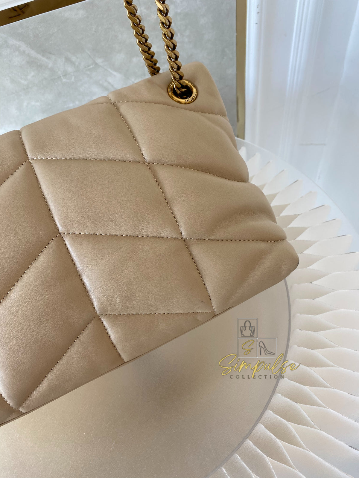 YVES SAINT LAURENT LOULOU PUFFER LAMBSKIN BEIGE GHW
