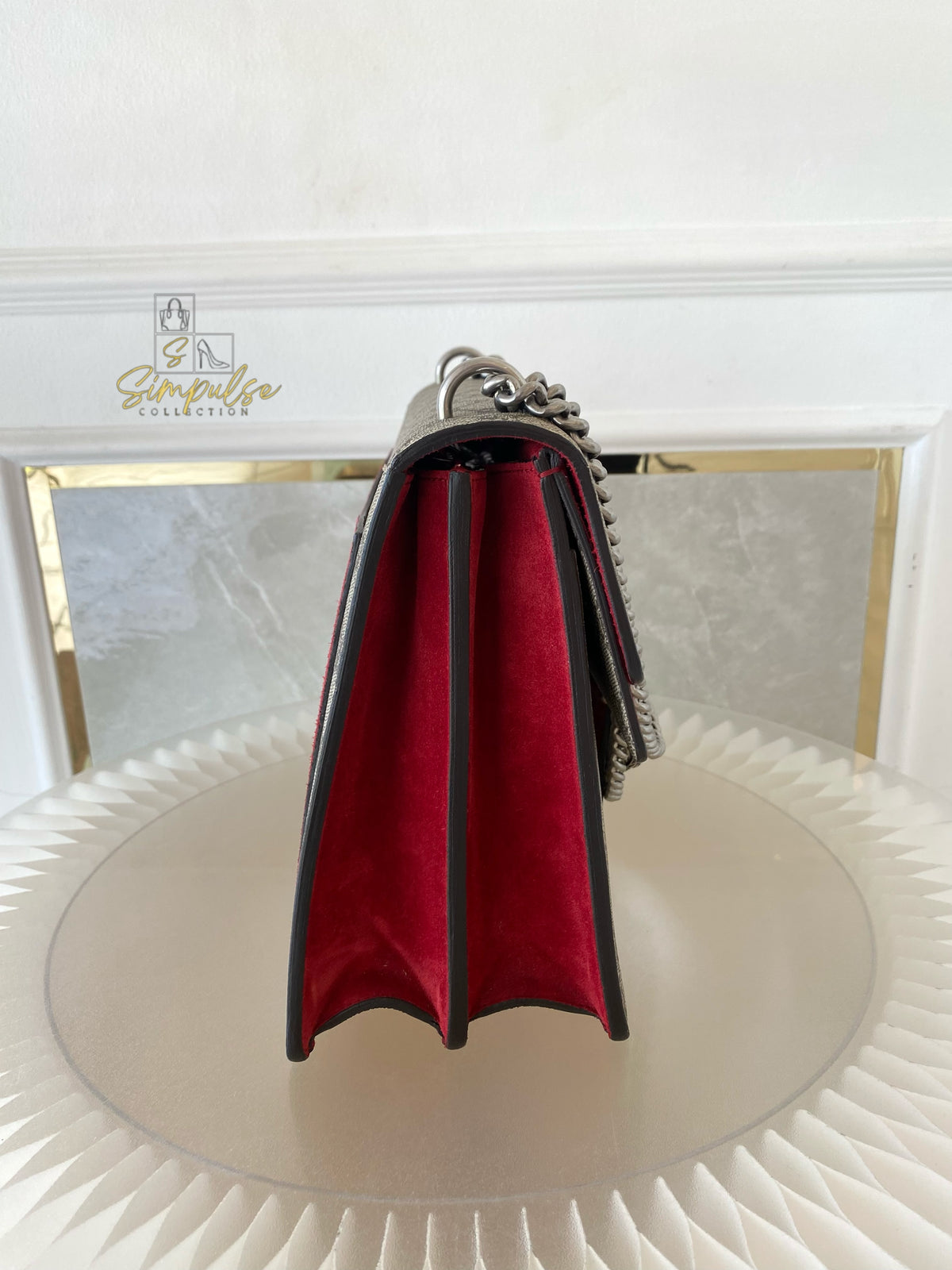 GUCCI MEDIUM SUPREME MONOGRAM DIONYSUS w/RED SUEDE TRIM SHW