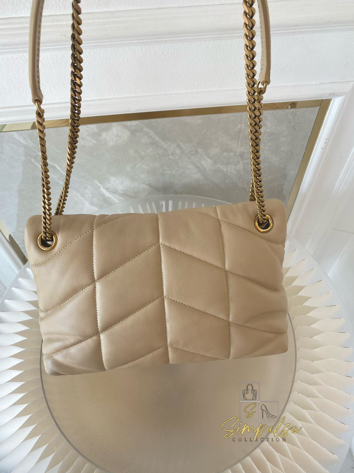 YVES SAINT LAURENT LOULOU PUFFER LAMBSKIN BEIGE GHW