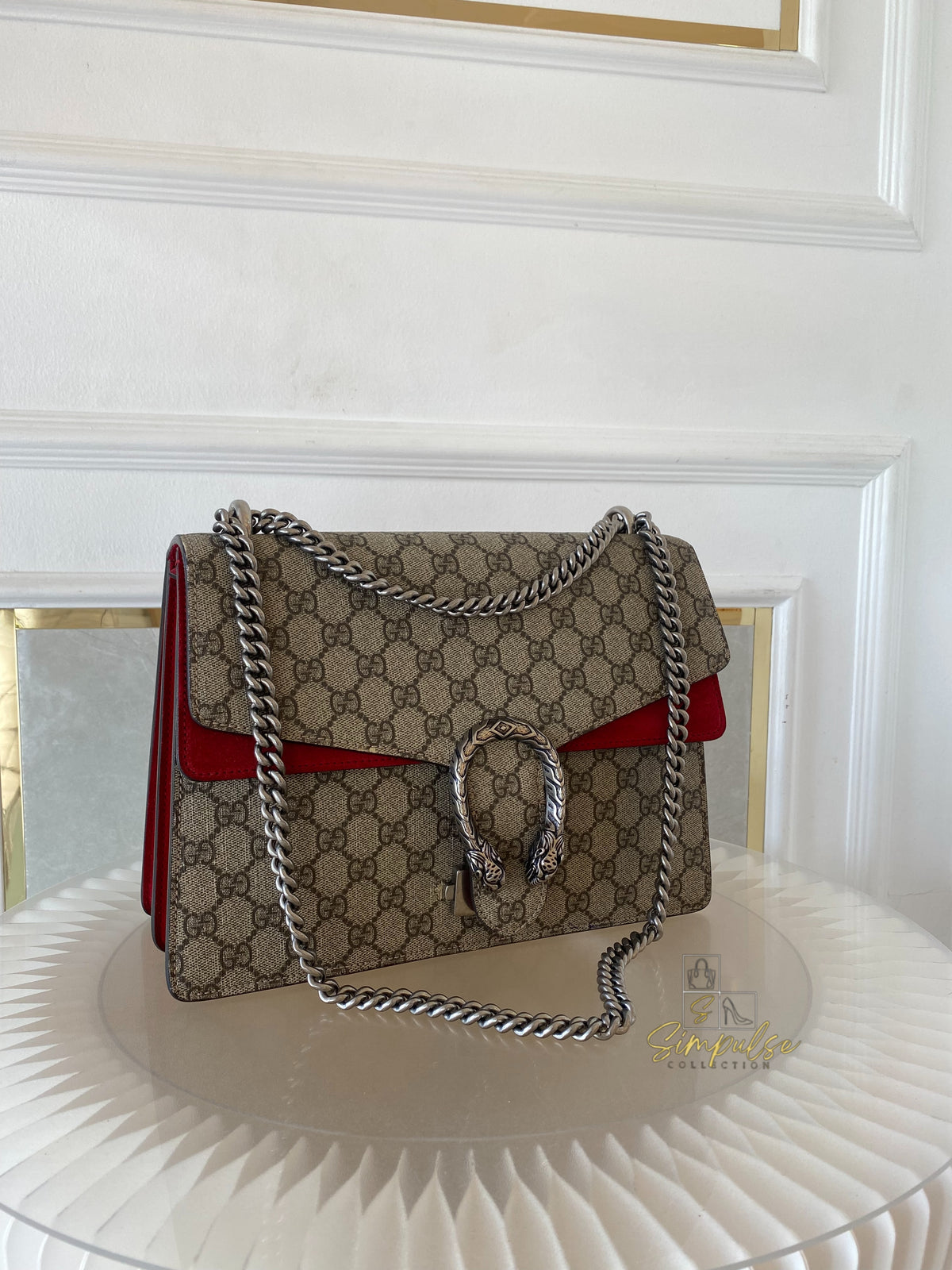 GUCCI MEDIUM SUPREME MONOGRAM DIONYSUS w/RED SUEDE TRIM SHW