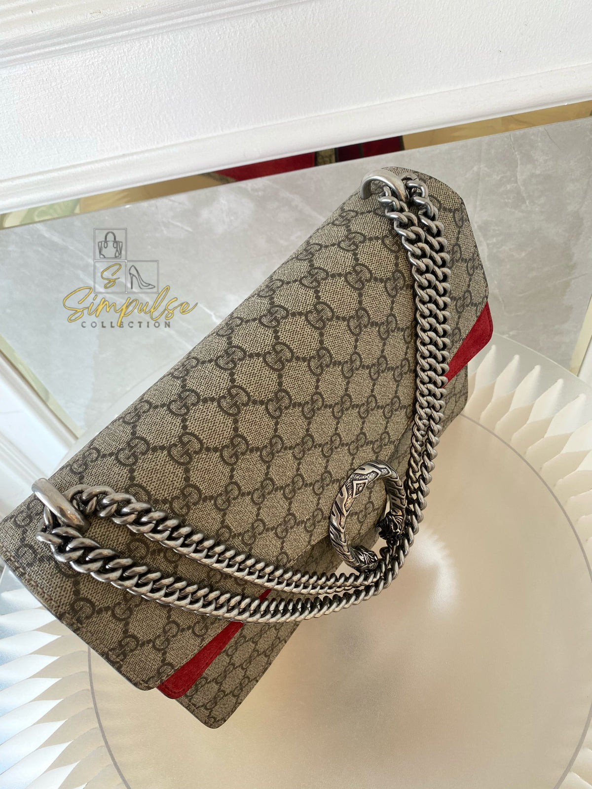 GUCCI MEDIUM SUPREME MONOGRAM DIONYSUS w/RED SUEDE TRIM SHW